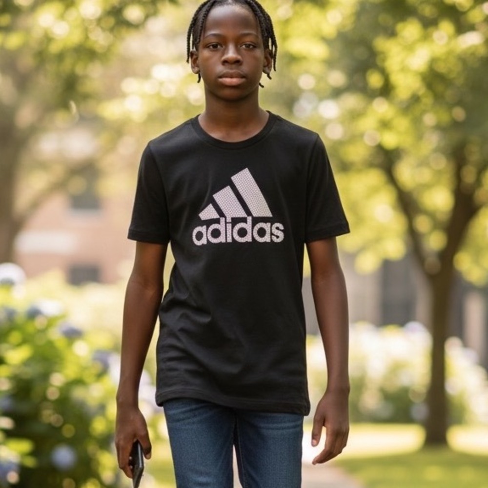 Adidas Boys Black Graphic Logo Performance T-Shirt Size M 10/12 Short Sleeve